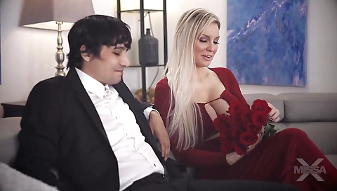 Sexy young blonde take backdorad in black lingerie